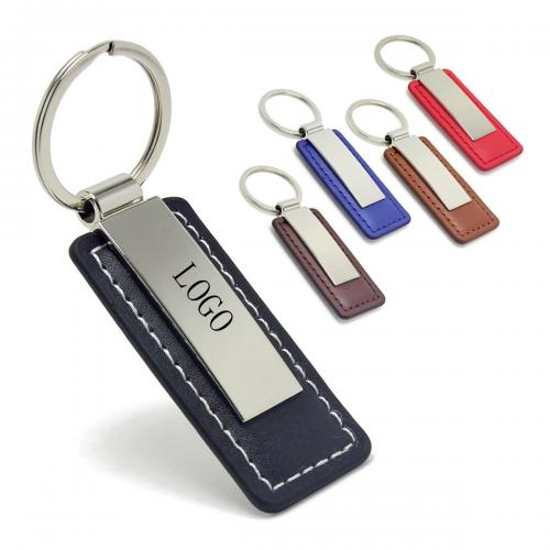 Rectangular Leather Keychain w/ Metal Plate
