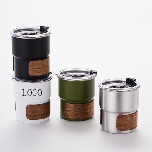 10 oz Coffee Mug Camping Mug with Flip Lid Stainless Steel Travel Tumbler Cup W/ Wood Hand Protector