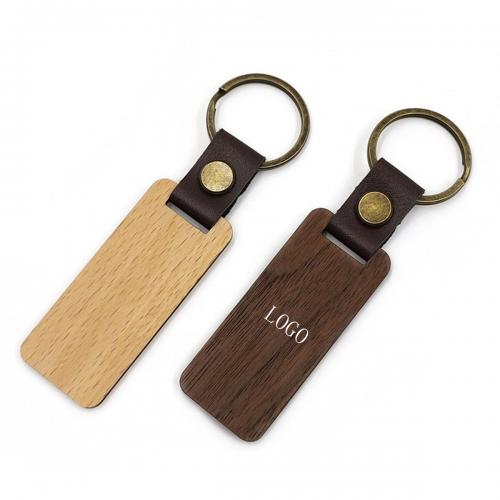 Premium Rectangle Wood Keychain w/ Leather Strap